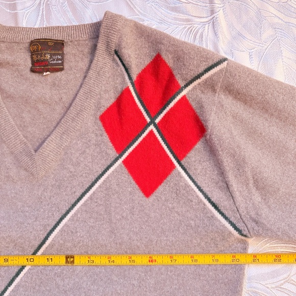 Vintage 80s Cashmere 100% Argyle V-Neck Academia Preppy Golf Vibes Grey M - Picture 14 of 16